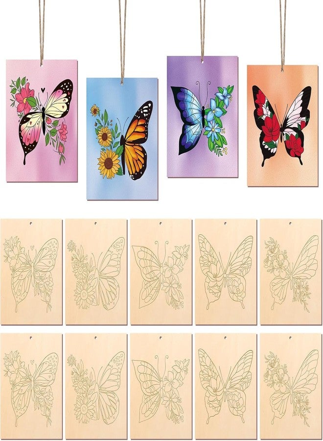 Cliths 10 Pcs Butterfly Wooden Ornaments Unfinished Wood Crafts to Paint for Adults Kids Spring DIY Paintable Wood Slices with Ropes 15x12CM - Image 1